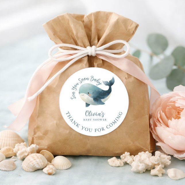Adesivo Redondo Sea You Soon Whale White Thank You Baby Shower (Criador carregado)