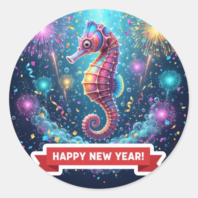 Adesivo Redondo Seahorse New Year Celebration Sticker (Frente)