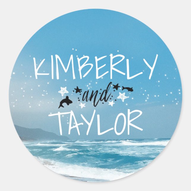 Adesivo Redondo Seais de Casamento de Praia (Frente)