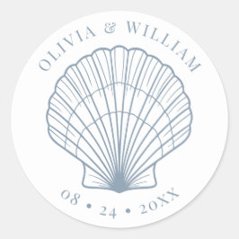 Adesivo Redondo Seashell Beach Casamento Costeiro Dusty Blue