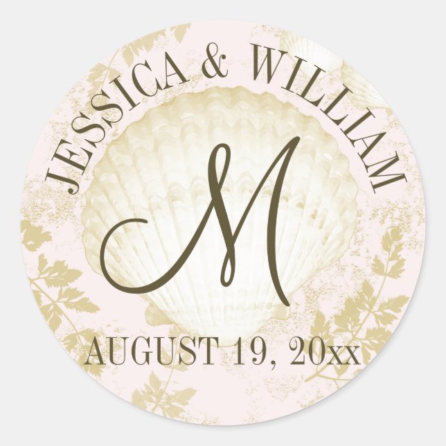 Adesivo Redondo Seashell Vintage Beach Casamento Monograma Rosa (Frente)