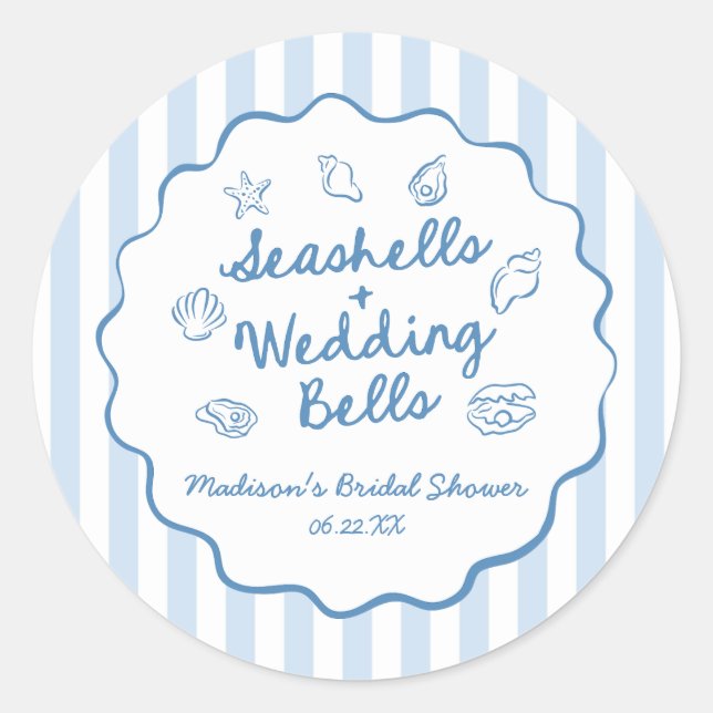 Adesivo Redondo Seashells and Wedding Bells Coastal Bridal Shower (Frente)