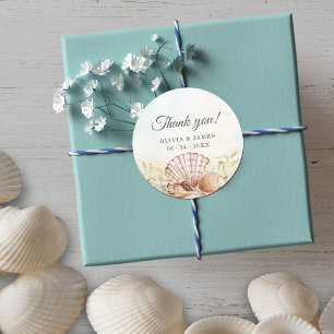 Adesivo Redondo Seashells Beach Tropical Obrigado Casamento