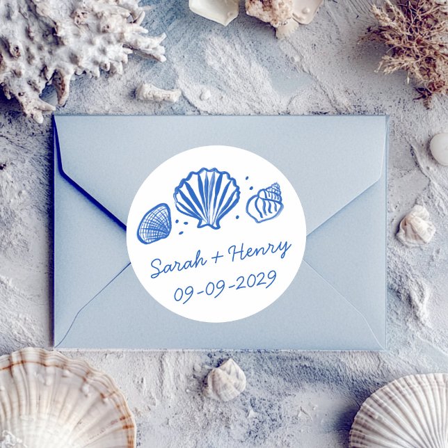 Adesivo Redondo Seashells Beach Wedding Blue White CUSTOM  (Seashells Beach Wedding Blue White CUSTOM Classic Round Sticker
)