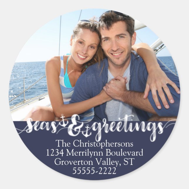 Adesivo Redondo SEAsons náuticos GREETINGS Endereço de devolução d (Frente)