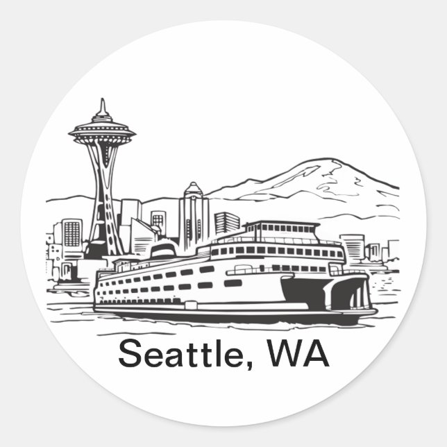 Adesivo Redondo Seattle Ferry & Skyline Line Art Washington (Frente)