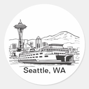 Adesivo Redondo Seattle Ferry Washington State Line Art