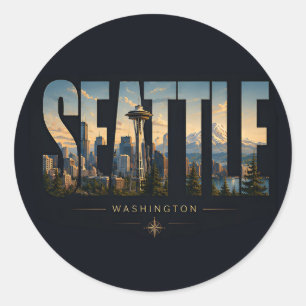 Adesivo Redondo Seattle Washington Agulha Espacial Montanha Horizo