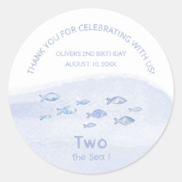Adesivo Redondo segundo aniversário azul-mar peixe doce obrigado v