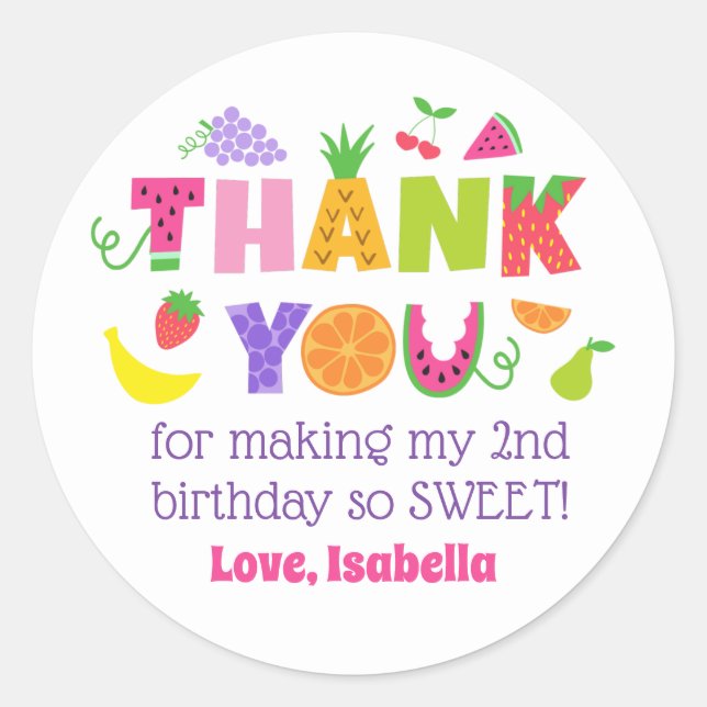 Adesivo Redondo SEGUNDO ANIVERSÁRIO TWOtti Frutti Muito Obrigado (Frente)