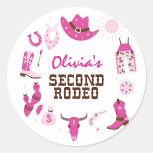 Adesivo Redondo Segundo Rodeio Pink Western Cowboy Aniversário de 