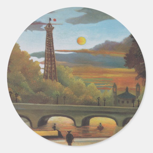 Adesivo Redondo Seine e Eiffel Tower no Sunset por Henri Rousseau (Frente)