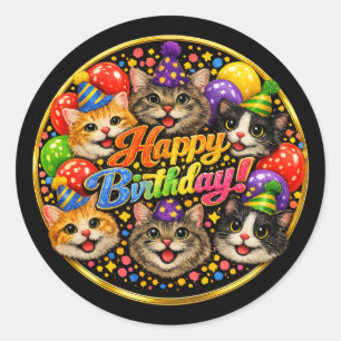 Adesivo Redondo Seis Gatos Desejando um Feliz Aniversário com Aleg