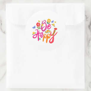 Adesivo Redondo Seja Feliz – Floral Colorido e Borboleta Boho