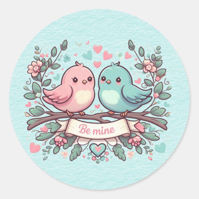 Adesivo Redondo Seja meu rosa e pássaros azuis (Frente)
