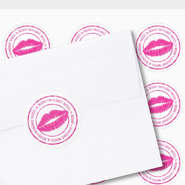 Adesivo Redondo Selado com um selo de envelopes de Lábios rosados (Sealed with a kiss stickers just for you)