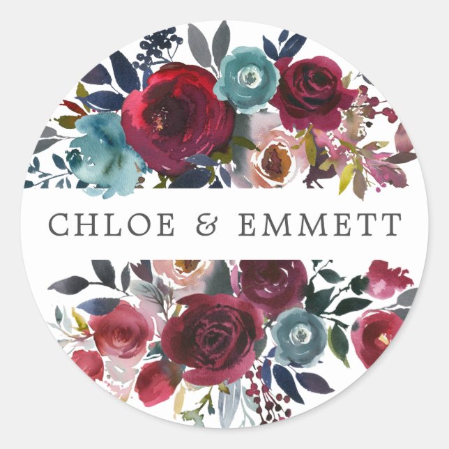 Adesivo Redondo Selagem de Envelope Floral Azul-Rosa Vermelho (Frente)