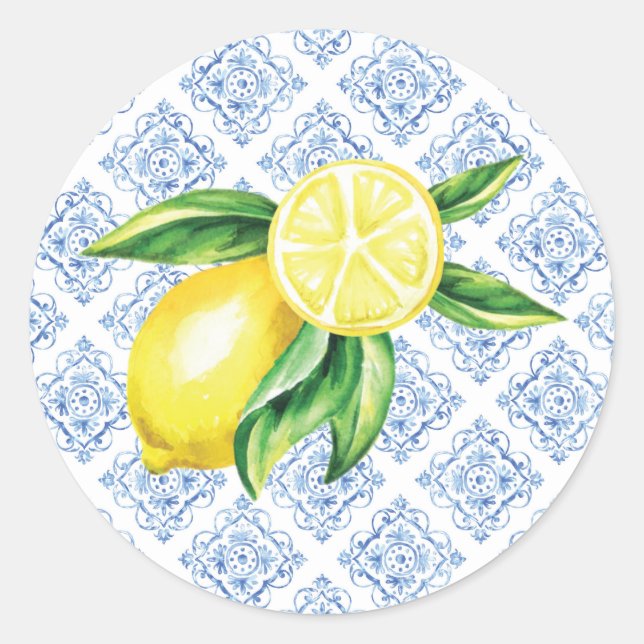 Adesivo Redondo Selas de Envelope Lemon, Azulejo Azul Italiano (Frente)