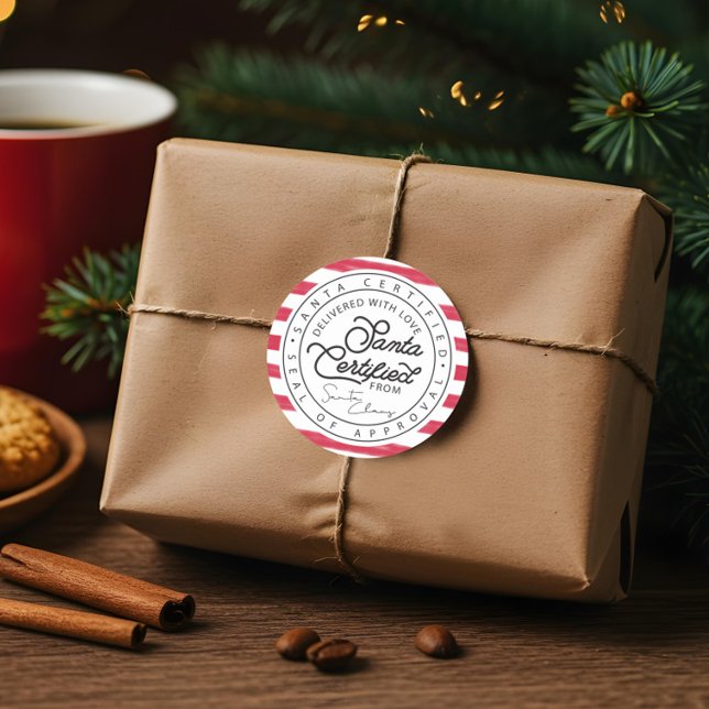 Adesivo Redondo Seletor de Entrega Certificada de Papais noeis de  (Red & White Stripe Santa Certified Delivery Seal Sticker)