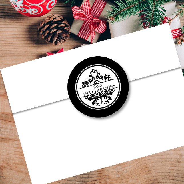 Adesivo Redondo Seletor de Envelop redondo com Damasco Branco Negr (Criador carregado)