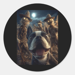 Adesivo Redondo Selfie de Boston Terrier com Espantalhos Assustado