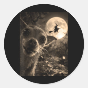 Adesivo Redondo Selfie de Chihuahua Engraçado Bruxaria Voadora Lua