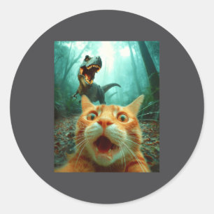Adesivo Redondo Selfie de Gato com Dinossauro T-rex Dino Homens Mu