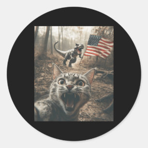 Adesivo Redondo Selfie de Gato Com Dinossauro Trex Bandeira Dos EU