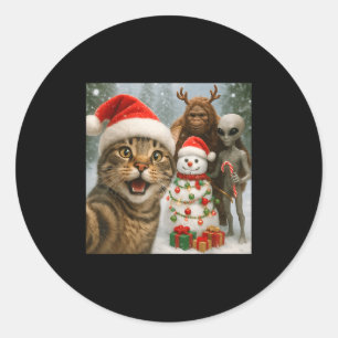 Adesivo Redondo Selfie De Gato De Natal Engraçado Com Alienígena D