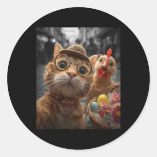 Adesivo Redondo Selfie de Gato e Frango Ovos de Páscoa Engraçados