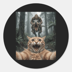 Adesivo Redondo Selfie de Gato Engraçado Bigfoot Montando T Rex Fl