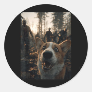 Adesivo Redondo Selfie Divertida de Corgi com Zumbis Floresta Assu