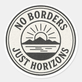 Adesivo Redondo Selo Antigo – “Sem Fronteiras, Apenas Horizontes”.