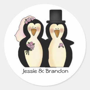 Adesivo Redondo Selo bonito do envelope dos pinguins do casamento