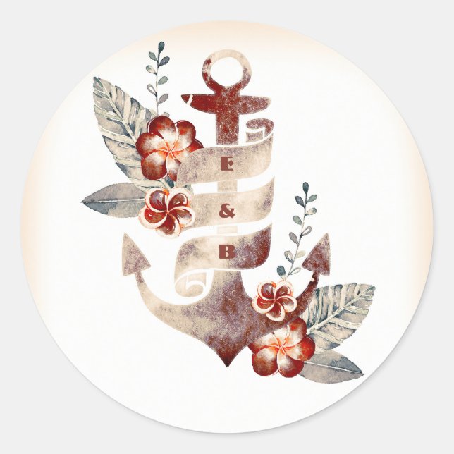Adesivo Redondo Selo de Casamento de Âncora Floral de Praia Náutic (Frente)