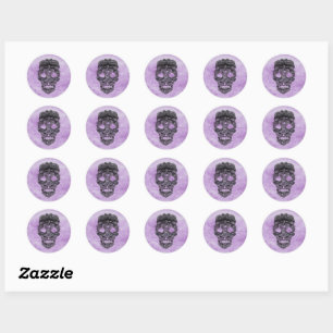 Adesivo Redondo Selo de Casamento Gótico Roxo-Roxo do Crânio Neg