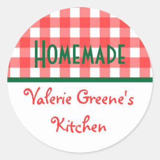 Adesivo Redondo Selo de comida de gingham branco-verde-vermelho