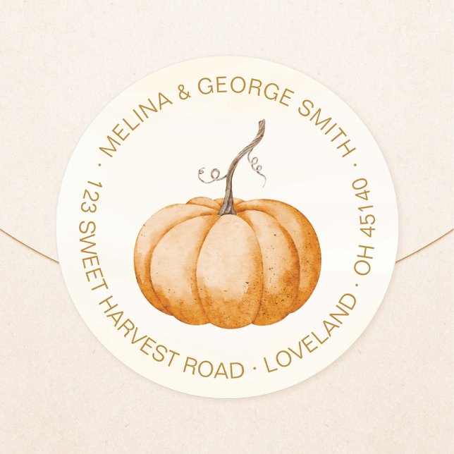 Adesivo Redondo Selo de Endereço de Abóbora em Aquarela Simples e  (Elegant, minimalist, orange, watercolor pumpkin return address round sticker. Pumpkin address label.)