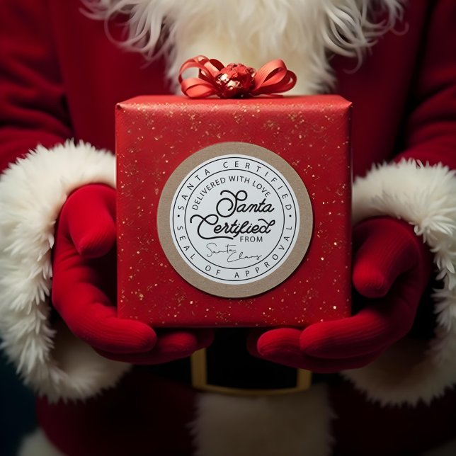 Adesivo Redondo Selo de Entrega Certificado de Papais noeis Castan (Natural Brown Paper Santa Certified Delivery Seal)