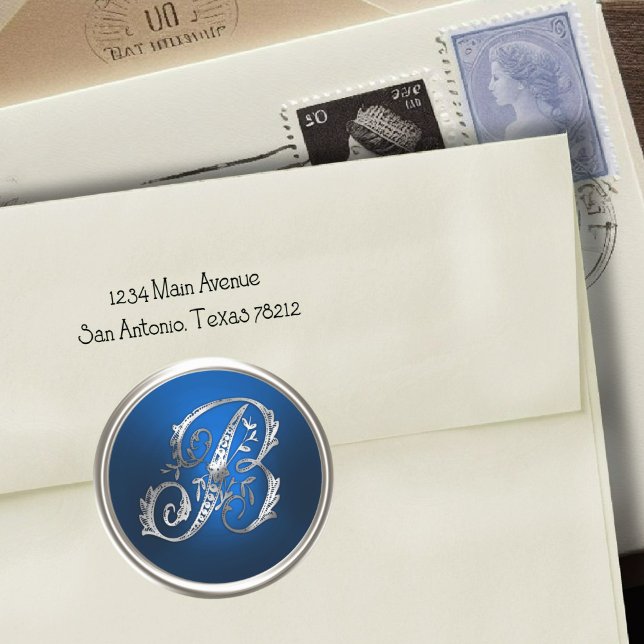 Adesivo Redondo Selo de Envelope B de Prata e Monograma Azul (Criador carregado)
