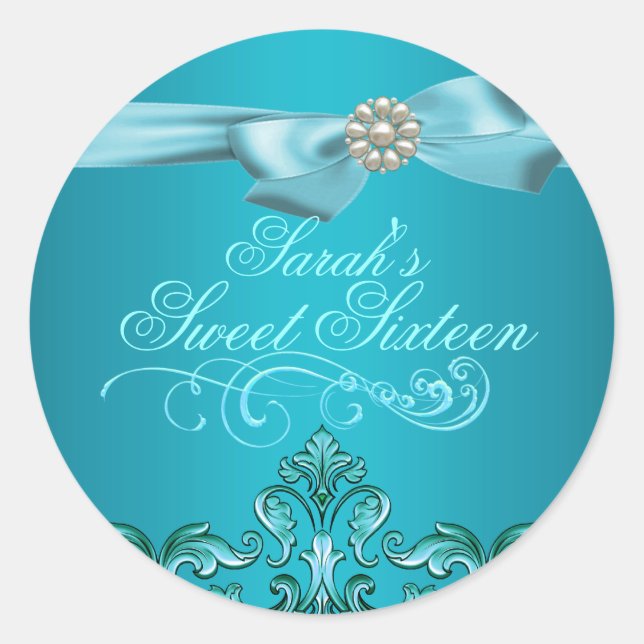 Adesivo Redondo Selo de envelope Blue Damask & Bow Sweet 16 (Frente)