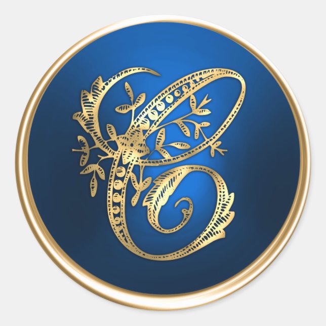 Adesivo Redondo Selo de Envelope C Monograma Dourado e Azul (Frente)