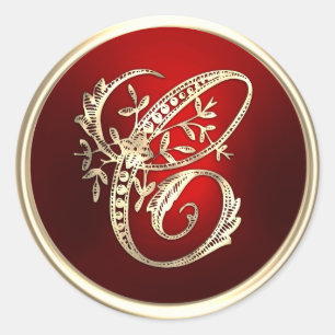 Adesivo Redondo Selo de Envelope C Monograma Dourado e Vermelho