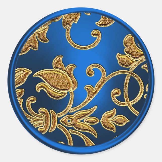 Adesivo Redondo Selo de envelope com Damasco Dourado e Azul (Frente)