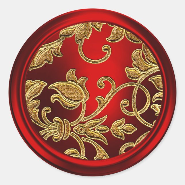 Adesivo Redondo Selo de envelope com Damasco Dourado e Vermelho (Frente)