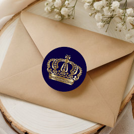 Adesivo Redondo Selo de Envelope Coroa Azul Dourado Elegante