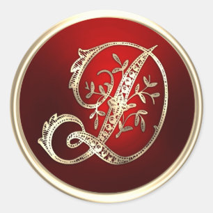 Adesivo Redondo Selo de Envelope D Monograma Dourado e Vermelho
