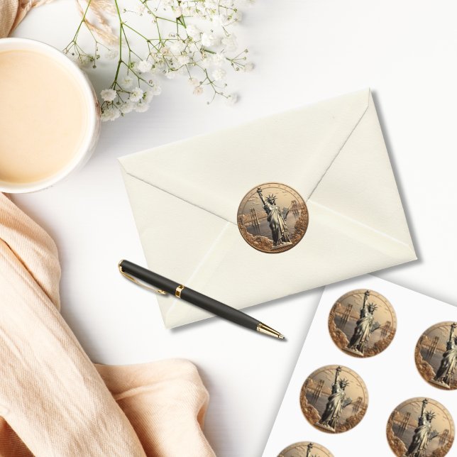Adesivo Redondo Selo de Envelope da Moeda da Estátua da Liberdade  (Statue of Liberty Gold Coin Envelope Seal Sticker)