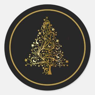 Adesivo Redondo Selo de Envelope de Árvore de Natal Preto e Dourad