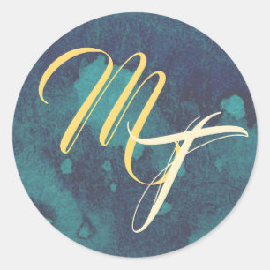 Adesivo Redondo Selo de Envelope de Casamento Azul e Dourado